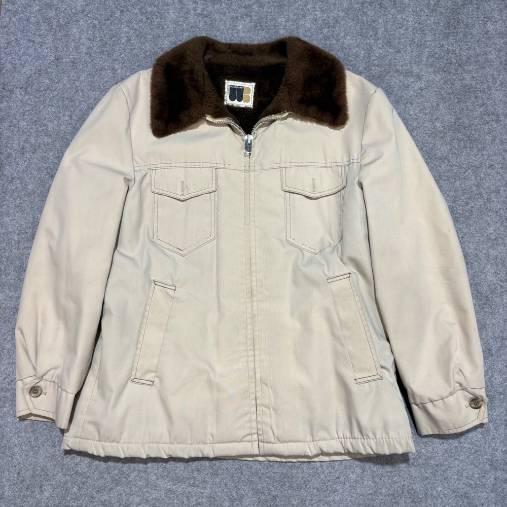 Vintage William Barry Mens Tan Faux Fur Lined Field Jacket Size 44 Beige Zip Up